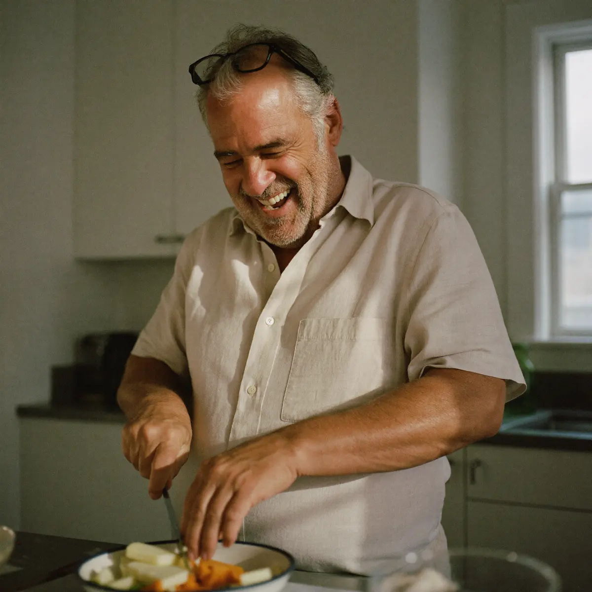Man laughing while cooking