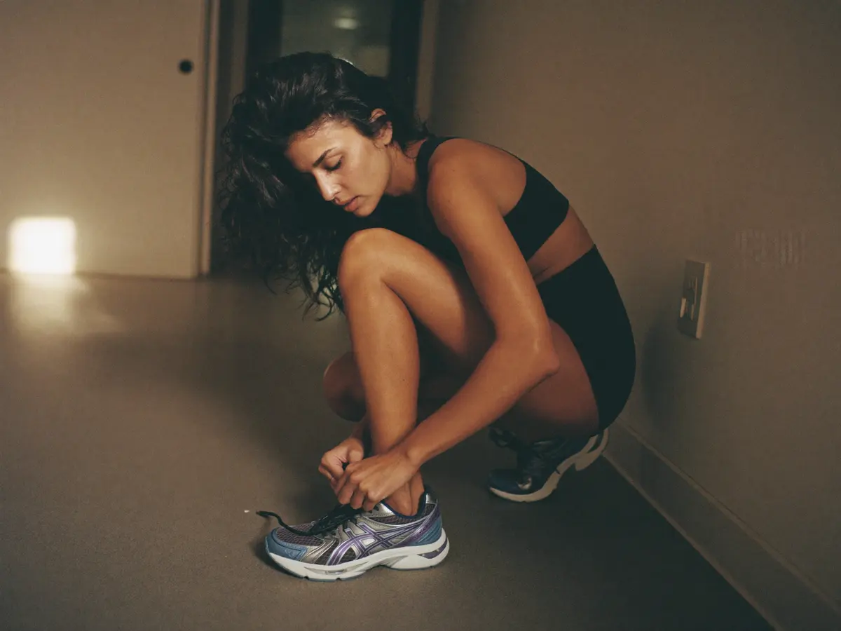 Woman lacing gym shoes in a hallway